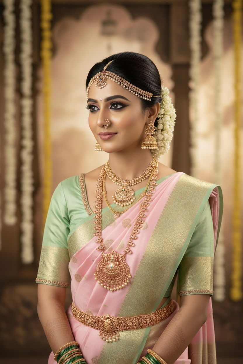 South Indian Bride in Pastel Saree
