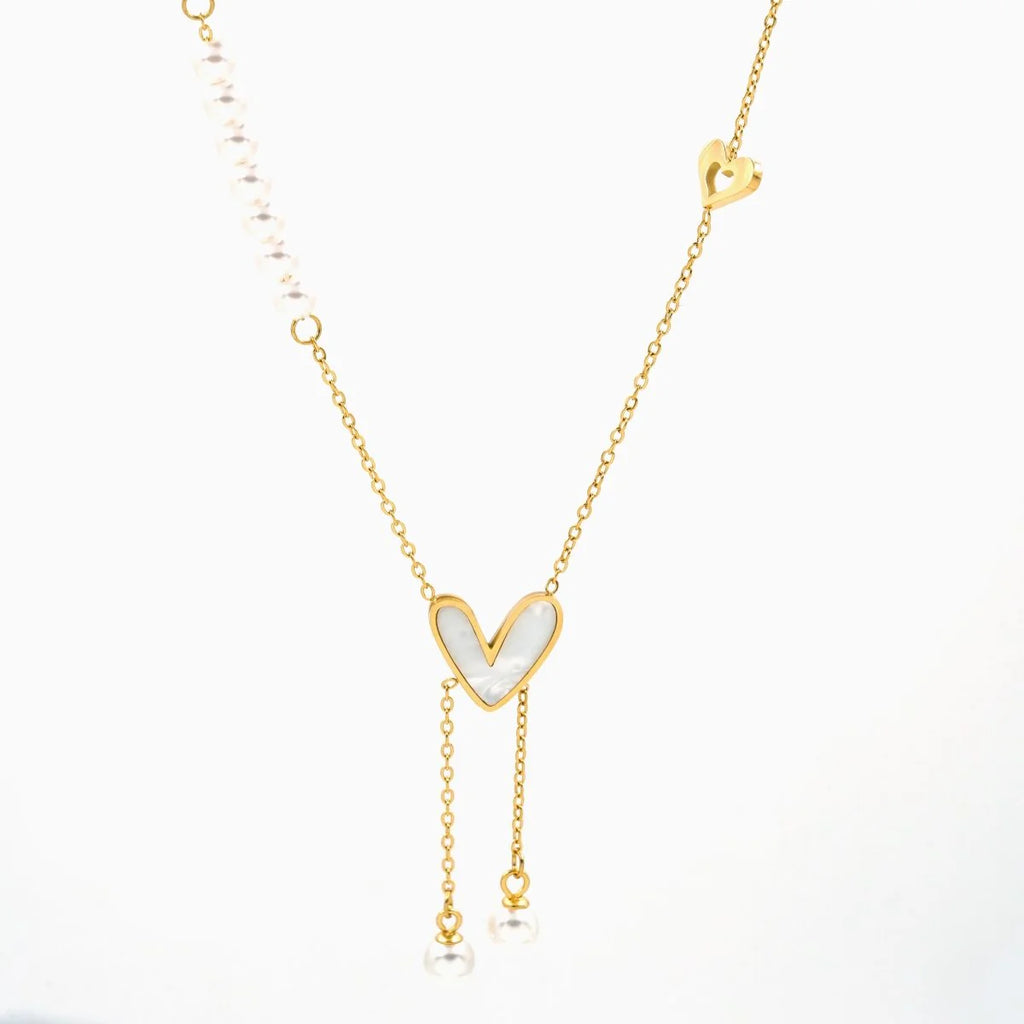 GOLD PLATED MOP HEART AND PEARL DROP NECKLACE