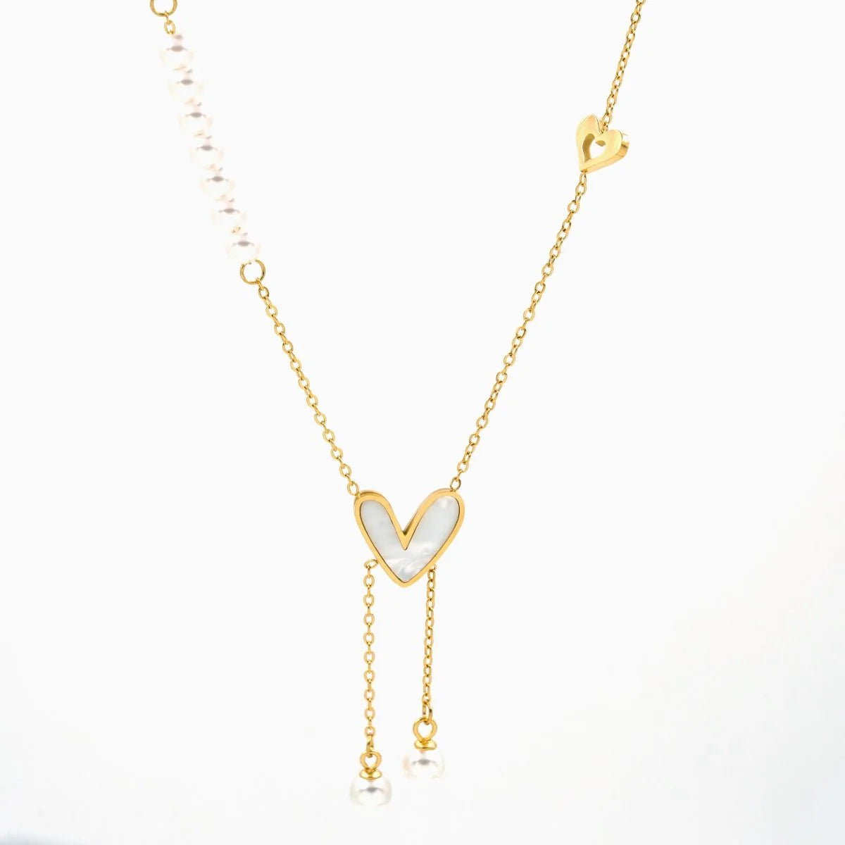 GOLD PLATED MOP HEART AND PEARL DROP NECKLACE