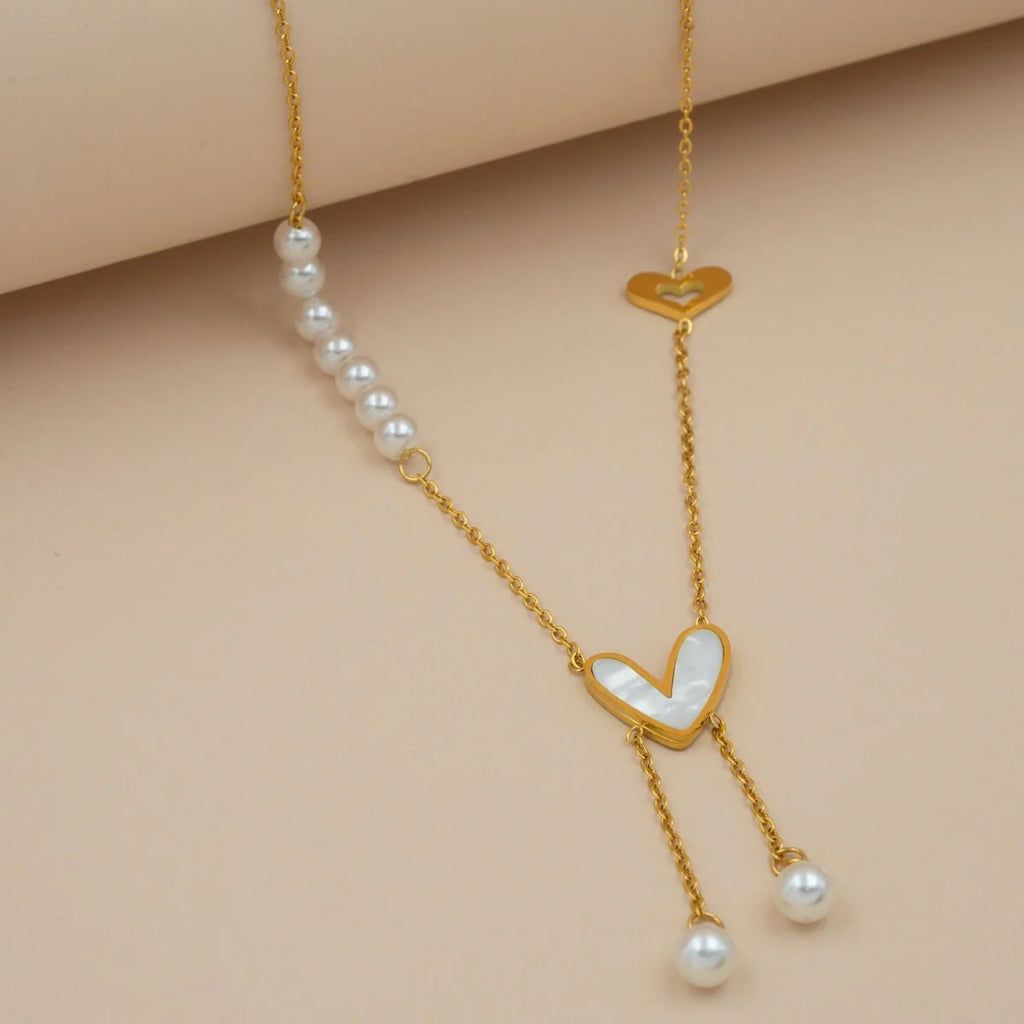 GOLD PLATED MOP HEART AND PEARL DROP NECKLACE