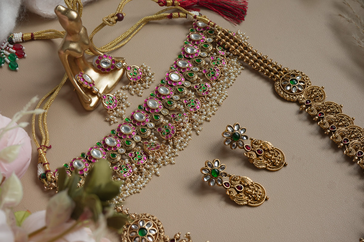 ARUNIMAI GUTTAPUSALU NECKLACE and KEMP LONG Haram SET