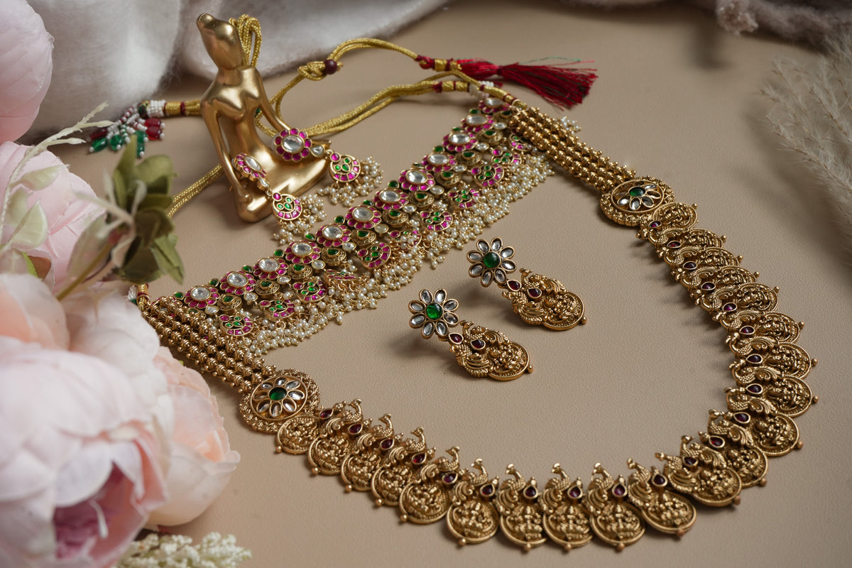 ARUNIMAI GUTTAPUSALU NECKLACE and KEMP LONG Haram SET