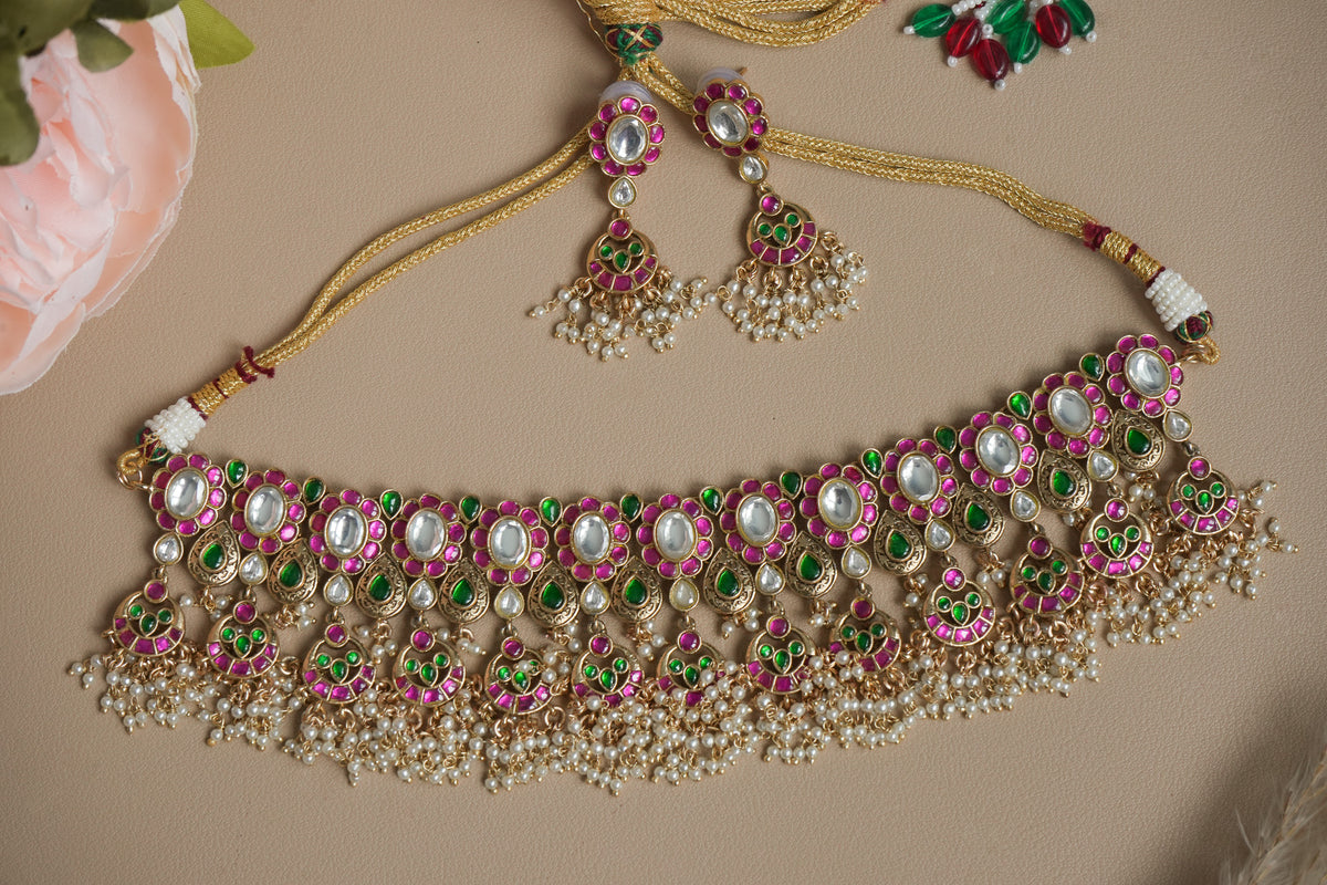 ARUNIMAI GUTTAPUSALU NECKLACE and KEMP LONG Haram SET