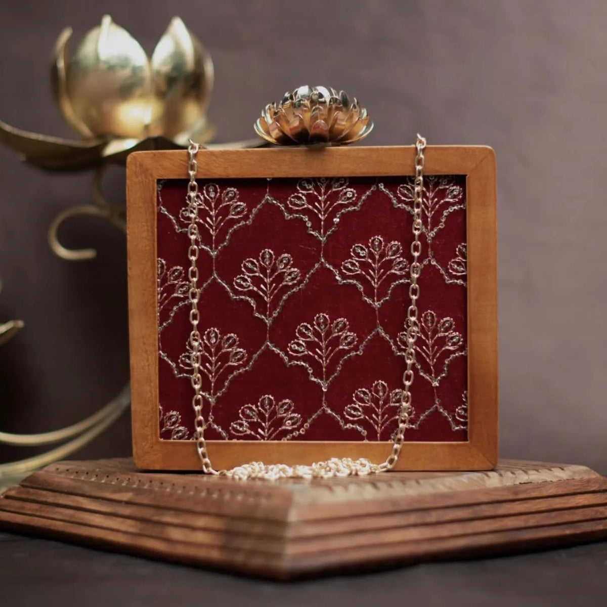 LOTUS HEAD WOODEN SUITCASE HANDBAG