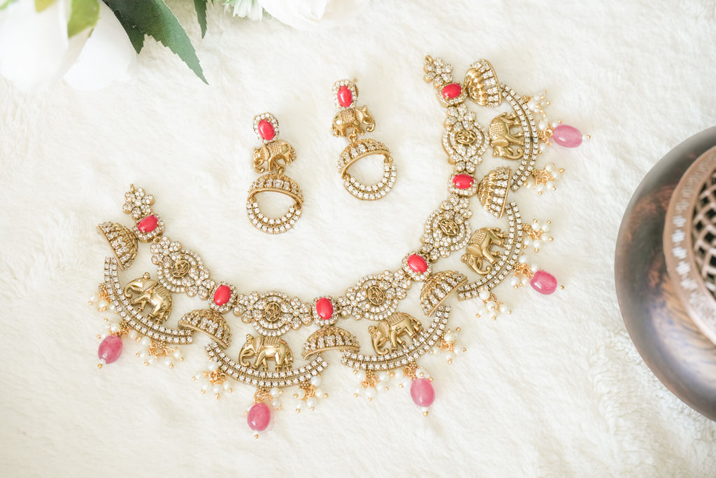 Ritika Elephant Coral & AD stone with matching Earrings