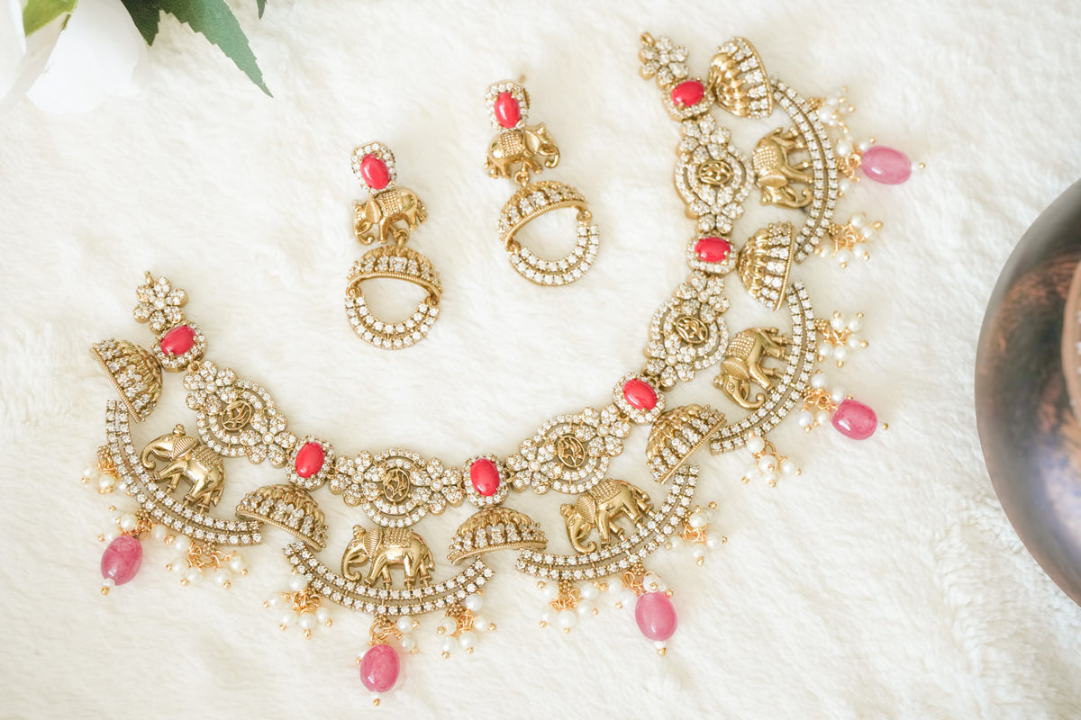Ritika Elephant Coral & AD stone with matching Earrings