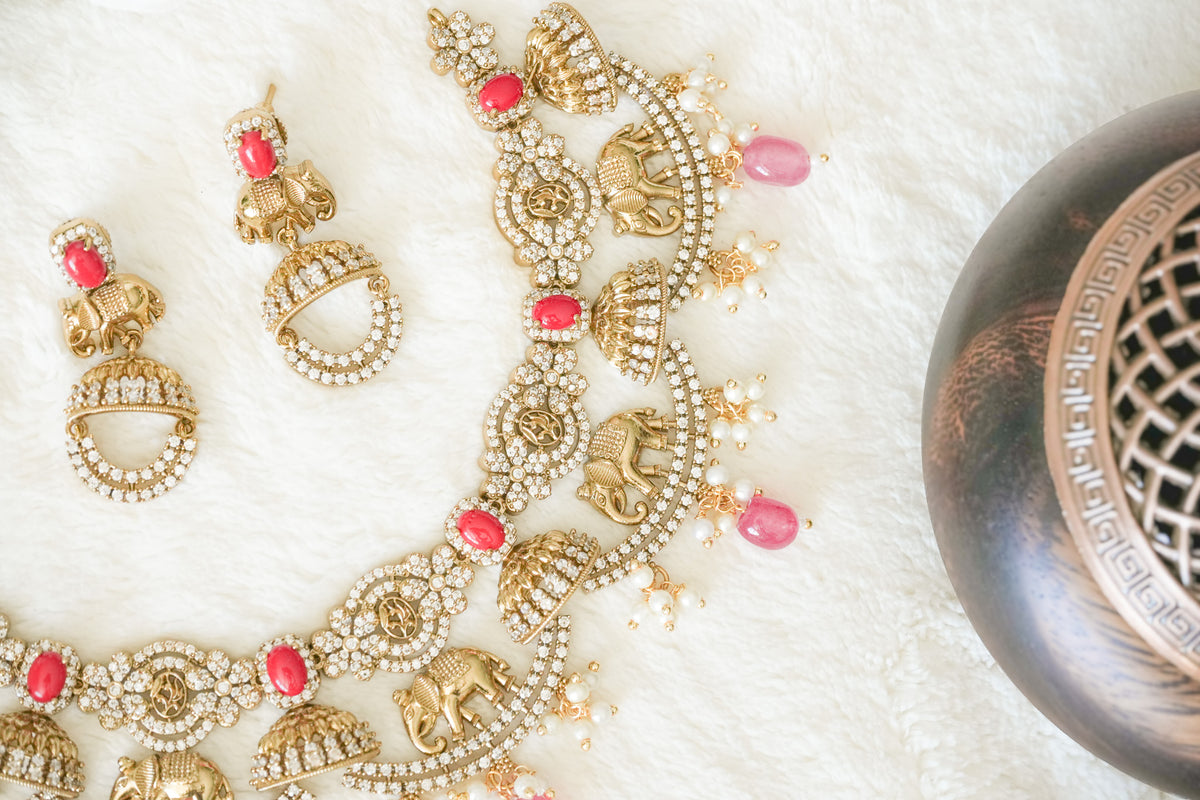 Ritika Elephant Coral & AD stone with matching Earrings